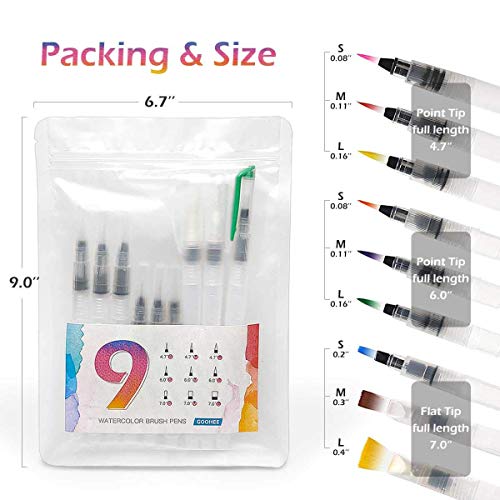 Watercolor Brush Pens Set - Super Easy to Use and Fill, Watercolor Pens Brush Set of 9 Piece for Water Soluble Colored Pencil, Aqua Brush Pen for Beginners, Gift Ideas