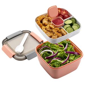 freshmage salad lunch container to go, 52-oz salad bowls with 3 compartments, salad dressings container for salad toppings, snacks, men, women (pink)