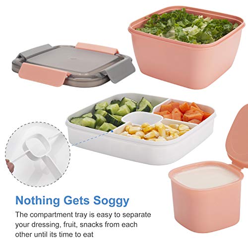 Freshmage Salad Lunch Container To Go, 52-oz Salad Bowls with 3 Compartments, Salad Dressings Container for Salad Toppings, Snacks, Men, Women (Pink)