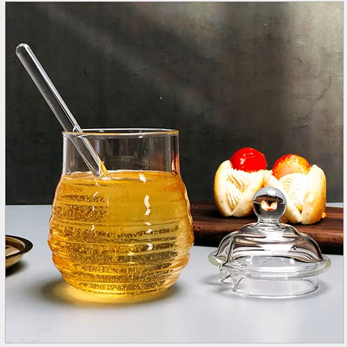 10 OZ Transparent Honey Jar with Dipper and Lid Glass Beehive Style Honey Pot for Home Kitchen Store Honey and Syrup