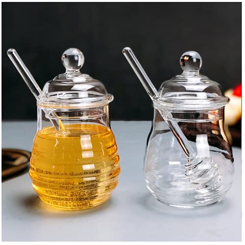 10 OZ Transparent Honey Jar with Dipper and Lid Glass Beehive Style Honey Pot for Home Kitchen Store Honey and Syrup