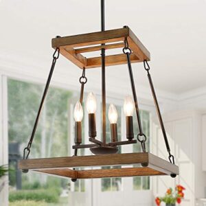 LALUZ Farmhouse Chandelier, Rustic Square 4 Light Fixture with Faux Wood Finish for Foyer, Dining & Living Room, Bedroom and Kitchen Island