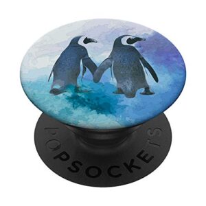 beautiful penguin watercolor mint teal purple art popsockets grip and stand for phones and tablets