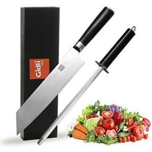 gidli chef knife lifetime replacement warranty - includes sharpening rod as a bonus - 8" professional kitchen knife (german carbon stainless steel) with wooden handle - durable, sharp meat knife