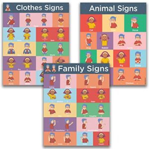 sign language posters for classroom - 3 pack includes: family, clothes, and animal sign language charts for kids. asl posters for classrooms are each 16x20 inches, dry erase, and made in the usa.