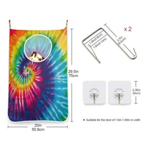 Swirl Rainbow Tie Dye Door Hanging Laundry Hamper Bag Space Saving Wall Large Laundry Basket Storage Dirty Clothes Bags with Bottom Zippers Hooks for Bathroom Bedroom 1 Pcs