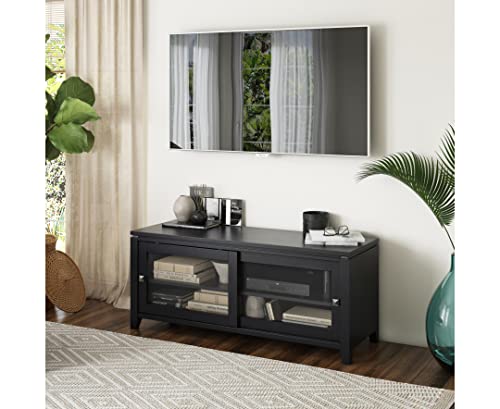 SIMPLIHOME Cosmopolitan SOLID WOOD 48 Inch Wide Contemporary TV Media Stand in Black for TVs up to 55 Inch, For the Living Room and Entertainment Center