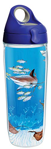 Tervis Made in USA Double Walled Guy Harvey Insulated Tumbler Cup Keeps Drinks Cold & Hot, 24oz Water Bottle, Shark Collage