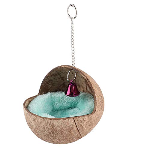 Hanging Bird House Cage Toy Natural Coconut Shell Birds Nest Hut Breeding Nesting Bird Aviary Cage Box Anti-Pecking Bite with Warm Pad and Bell for Parrots Canary Budgie Cockatiel Finch Sparrows