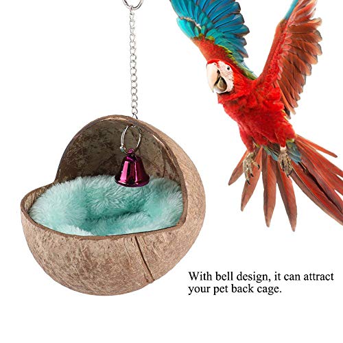 Hanging Bird House Cage Toy Natural Coconut Shell Birds Nest Hut Breeding Nesting Bird Aviary Cage Box Anti-Pecking Bite with Warm Pad and Bell for Parrots Canary Budgie Cockatiel Finch Sparrows