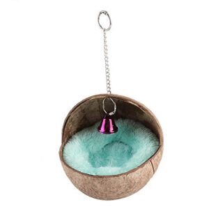 Hanging Bird House Cage Toy Natural Coconut Shell Birds Nest Hut Breeding Nesting Bird Aviary Cage Box Anti-Pecking Bite with Warm Pad and Bell for Parrots Canary Budgie Cockatiel Finch Sparrows