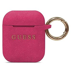 guess airpods case cover in fuschia glitter with keychain slot, compatible with apple airpods 1 and airpods 2, silicone protective hard case, shockproof, wireless charging, and signature printed logo