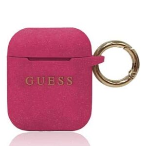 Guess AirPods Case Cover in Fuschia Glitter with Keychain Slot, Compatible with Apple AirPods 1 and AirPods 2, Silicone Protective Hard Case, Shockproof, Wireless Charging, and Signature Printed Logo