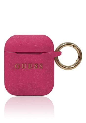 Guess AirPods Case Cover in Fuschia Glitter with Keychain Slot, Compatible with Apple AirPods 1 and AirPods 2, Silicone Protective Hard Case, Shockproof, Wireless Charging, and Signature Printed Logo