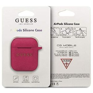 Guess AirPods Case Cover in Fuschia Glitter with Keychain Slot, Compatible with Apple AirPods 1 and AirPods 2, Silicone Protective Hard Case, Shockproof, Wireless Charging, and Signature Printed Logo