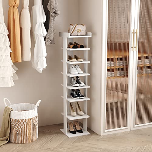 HOMEFORT 7-Tier Wood Shoe Rack, Entryway Shoe Tower,Vertical Shoe Organizer, Wooden Shoe Storage Stand(White)