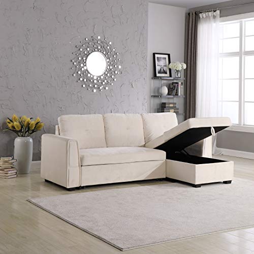Legend Furniture Velvet Chaise Storage Reversible Sofa Bed Sleeper Sectional, 91", Cream