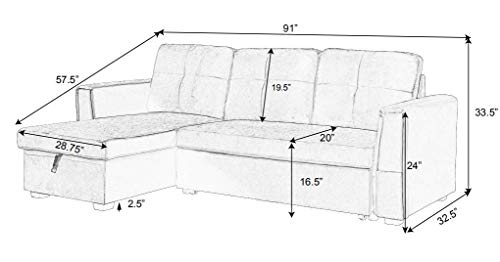 Legend Furniture Velvet Chaise Storage Reversible Sofa Bed Sleeper Sectional, 91", Cream