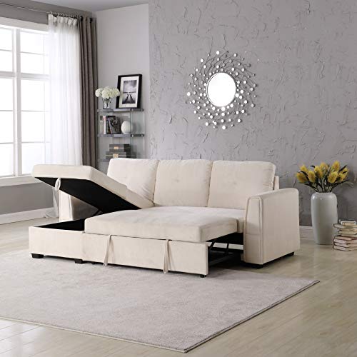 Legend Furniture Velvet Chaise Storage Reversible Sofa Bed Sleeper Sectional, 91", Cream