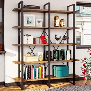 ironck industrial bookshelf and bookcase double wide 5 tier, large open shelves, wood and metal bookshelves for home office furniture, easy assembly