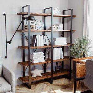 IRONCK Industrial Bookshelf and Bookcase Double Wide 5 Tier, Large Open Shelves, Wood and Metal Bookshelves for Home Office Furniture, Easy Assembly