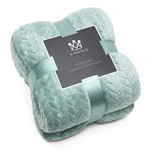 kingole flannel fleece luxury throw jacquard weave blanket, celadon twin size leaf pattern cozy couch/bed super soft and warm plush microfiber 350gsm (66 x 90 inches)