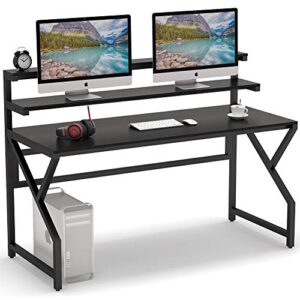 tribesigns office desk with monitor stand, 55 inch large modern computer desk gaming table studying writing desk workstation with hutch for office & home office, black