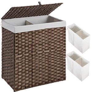 greenstell laundry hamper with lid, no install needed, 110l wicker laundry baskets foldable 2 removable liner bags, 2 section clothes hamper handwoven synthetic rattan laundry basket with handles, brown 22.2x13.3x24.0 inches