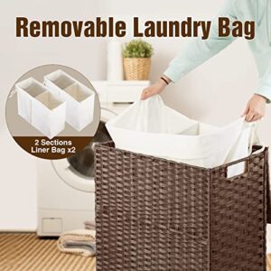 GREENSTELL Laundry Hamper with lid, No Install Needed, 110L Wicker Laundry Baskets Foldable 2 Removable Liner Bags, 2 Section Clothes Hamper Handwoven Synthetic Rattan Laundry Basket with Handles, Brown 22.2x13.3x24.0 Inches