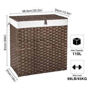 GREENSTELL Laundry Hamper with lid, No Install Needed, 110L Wicker Laundry Baskets Foldable 2 Removable Liner Bags, 2 Section Clothes Hamper Handwoven Synthetic Rattan Laundry Basket with Handles, Brown 22.2x13.3x24.0 Inches