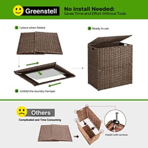 GREENSTELL Laundry Hamper with lid, No Install Needed, 110L Wicker Laundry Baskets Foldable 2 Removable Liner Bags, 2 Section Clothes Hamper Handwoven Synthetic Rattan Laundry Basket with Handles, Brown 22.2x13.3x24.0 Inches