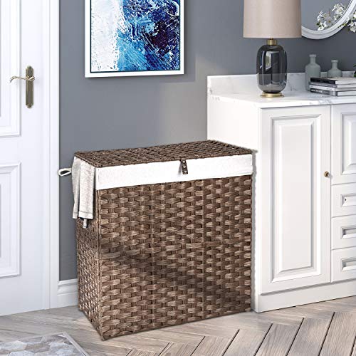 GREENSTELL Laundry Hamper with lid, No Install Needed, 110L Wicker Laundry Baskets Foldable 2 Removable Liner Bags, 2 Section Clothes Hamper Handwoven Synthetic Rattan Laundry Basket with Handles, Brown 22.2x13.3x24.0 Inches