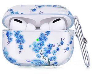 qingqing airpods pro case, 3 in 1 cute airpod pro clear protective hard case cover shockproof women girls men with keychain for airpods pro charging case (clear-blue floral)