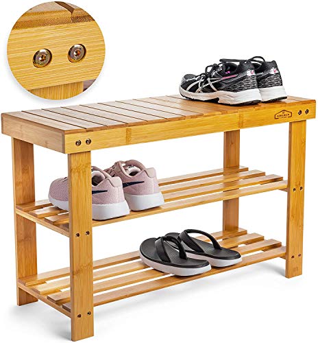 Homemaid Living Bamboo 3 Tier Shoe Rack Bench, Premium Shoe Organizer or Entryway Bench, Perfect for Shoe Cubby, Entry Bench, Bathroom Bench, Entryway Organizer, Hallway or Living Room(Natural Bamboo)