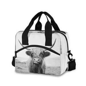 blueangle funny scottish highland cow portable lunch bag with detachable shoulder strap, insulated cooler thermal reusable bag lunch box handbag