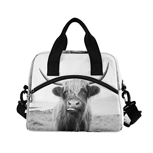 Blueangle Funny Scottish Highland Cow Portable Lunch Bag with Detachable Shoulder Strap, Insulated Cooler Thermal Reusable Bag Lunch Box Handbag
