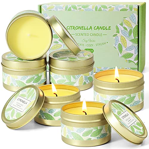 Citronella Candles, Soy Wax Lemongrass Candles, 6x2.5oz Portable Travel Tin Citronella Scented Candle Gift Set for for Outdoor Garden, Camping