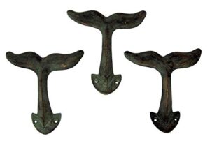 rustic green patina cast iron whale tail wall hooks, 4 1/2 inches, set of 3