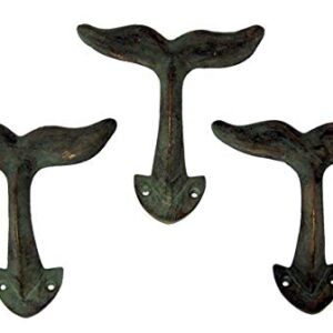 Rustic Green Patina Cast Iron Whale Tail Wall Hooks, 4 1/2 Inches, Set of 3