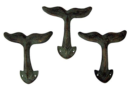 Rustic Green Patina Cast Iron Whale Tail Wall Hooks, 4 1/2 Inches, Set of 3