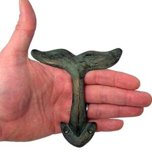 Rustic Green Patina Cast Iron Whale Tail Wall Hooks, 4 1/2 Inches, Set of 3