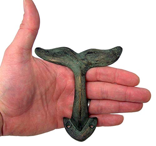 Rustic Green Patina Cast Iron Whale Tail Wall Hooks, 4 1/2 Inches, Set of 3