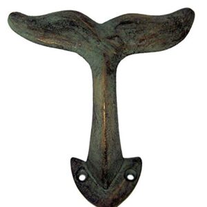 Rustic Green Patina Cast Iron Whale Tail Wall Hooks, 4 1/2 Inches, Set of 3