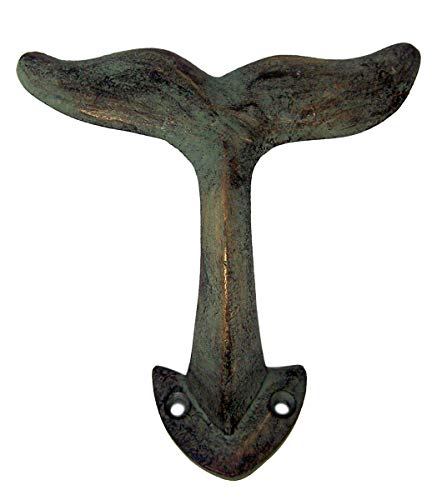 Rustic Green Patina Cast Iron Whale Tail Wall Hooks, 4 1/2 Inches, Set of 3