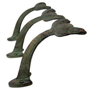 Rustic Green Patina Cast Iron Whale Tail Wall Hooks, 4 1/2 Inches, Set of 3