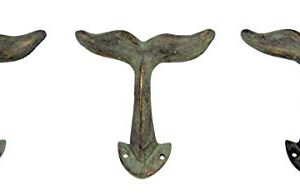 Rustic Green Patina Cast Iron Whale Tail Wall Hooks, 4 1/2 Inches, Set of 3