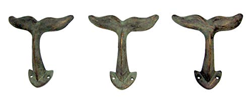 Rustic Green Patina Cast Iron Whale Tail Wall Hooks, 4 1/2 Inches, Set of 3