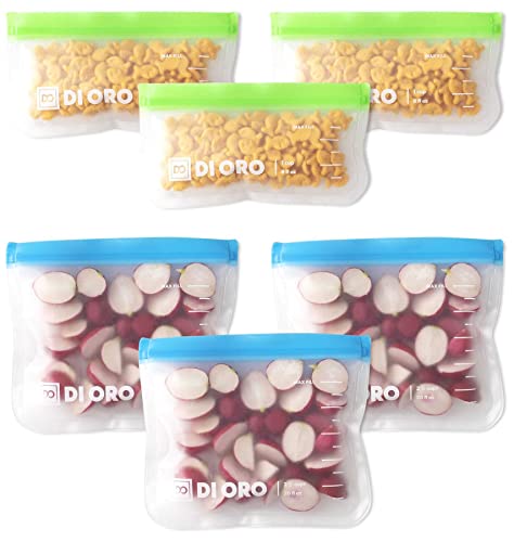 DI ORO Reusable Food Storage Bags - Reusable Sandwich Bags Freezer Safe - Reusable Ziplock Bags for Snacks & Travel - Thick, Leakproof, and Washable - Gallon Freezer Bags Reusable & Food Grade (6pc)