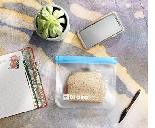 DI ORO Reusable Food Storage Bags - Reusable Sandwich Bags Freezer Safe - Reusable Ziplock Bags for Snacks & Travel - Thick, Leakproof, and Washable - Gallon Freezer Bags Reusable & Food Grade (6pc)