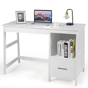 tangkula white desk with drawers, small computer desk study writing desk, modern home office desk student desk with storage space, makeup vanity desk for bedroom (white)